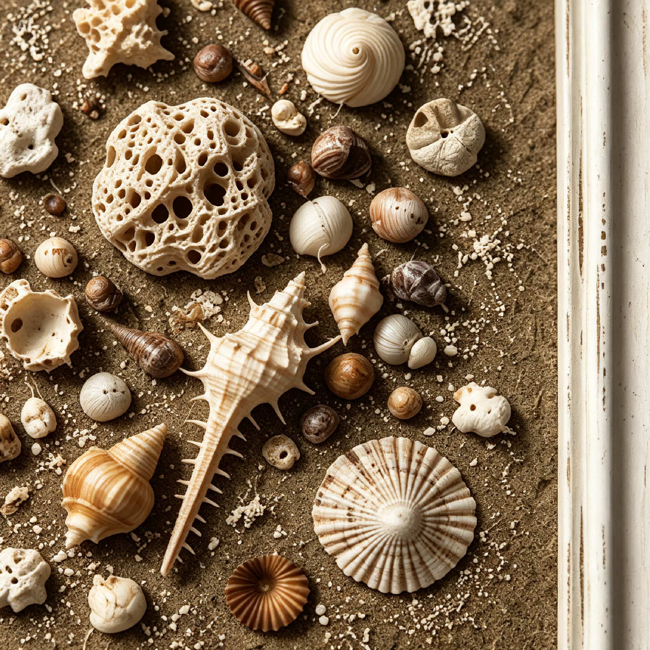 This artwork is a natural shell canvas that features a creative arrangement of assorted seashells and fossils on a textured surface, reminiscent of sandy beaches.