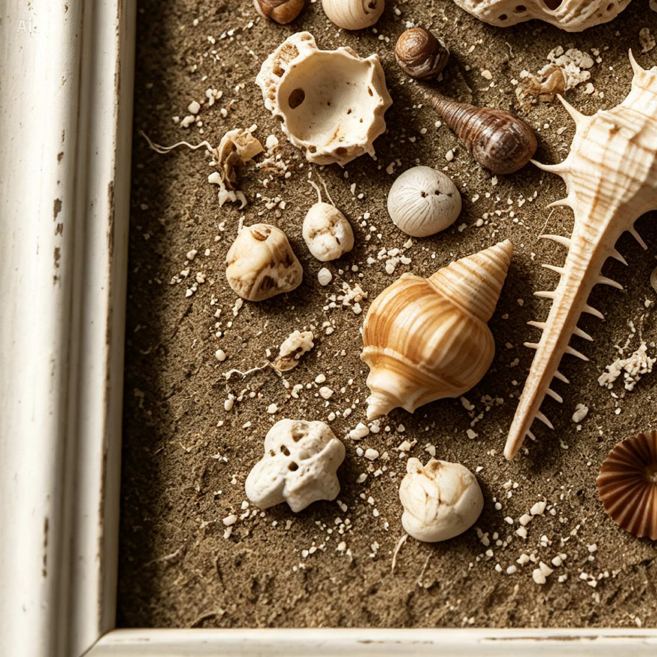 This artwork is a natural shell canvas that features a creative arrangement of assorted seashells and fossils on a textured surface, reminiscent of sandy beaches.