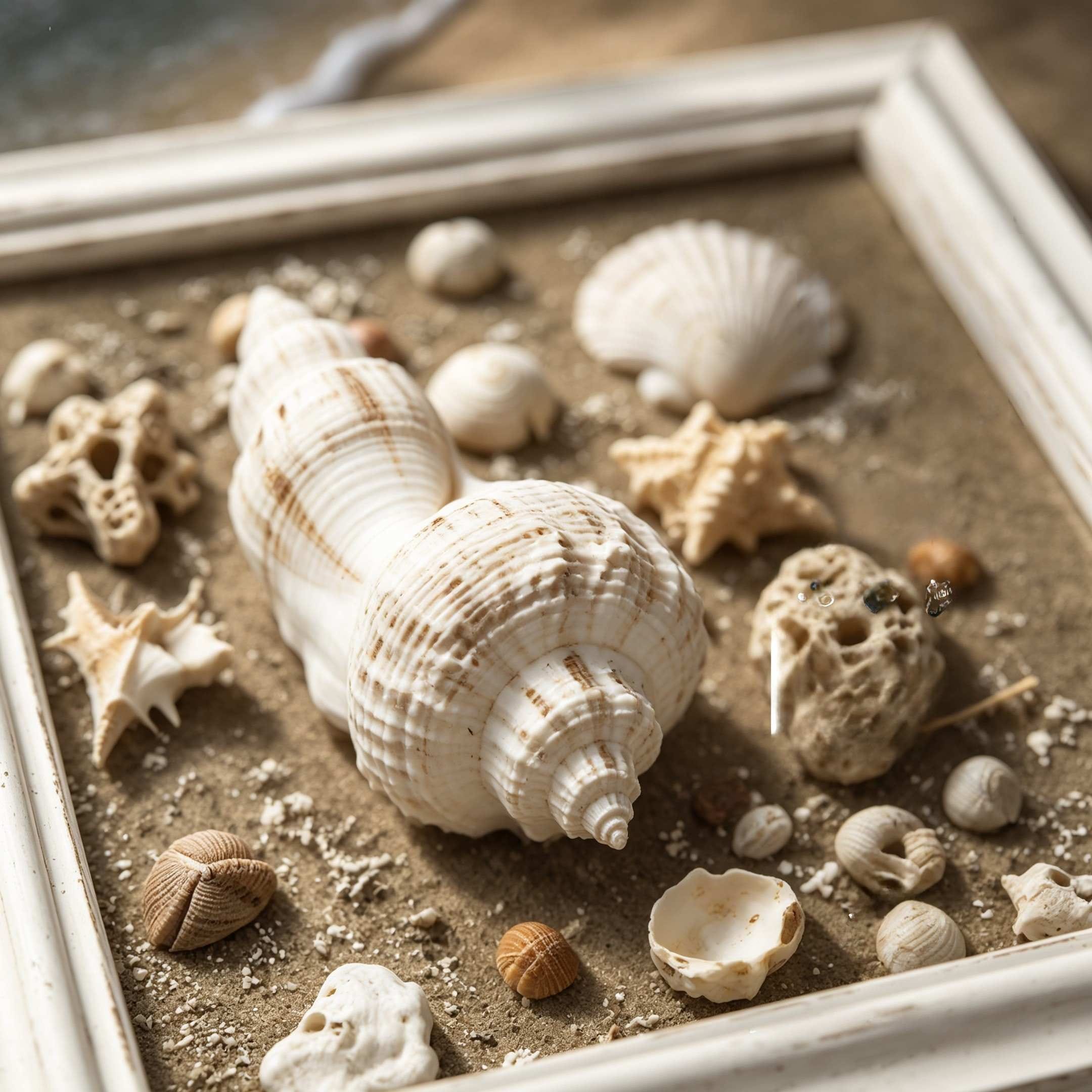 Handcrafted shell canvas with natural seashells on sandy texture in white frame. Perfect coastal decor bringing serene ocean ambiance to your space.